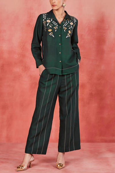 Bottle green floral and stripe embroidery co-ords