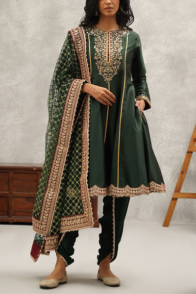 Bottle green floral embroidered anarkali set