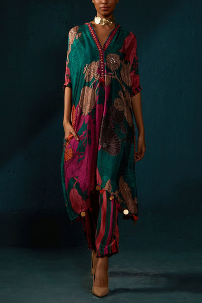 Bottle green floral printed kaftan set