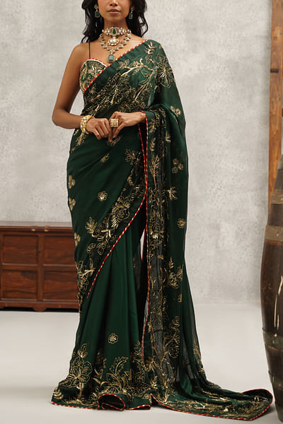 Bottle green floral zari embroidered sari set