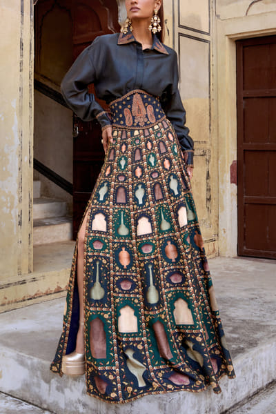 Bottle green mughal inspired printed skirt set