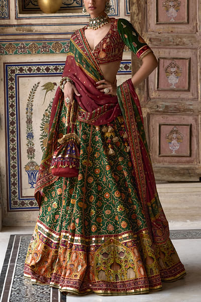 Bottle green printed lehenga set