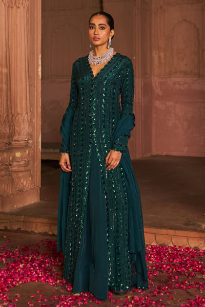 Bottle green sequin embroidery kurta lehenga set