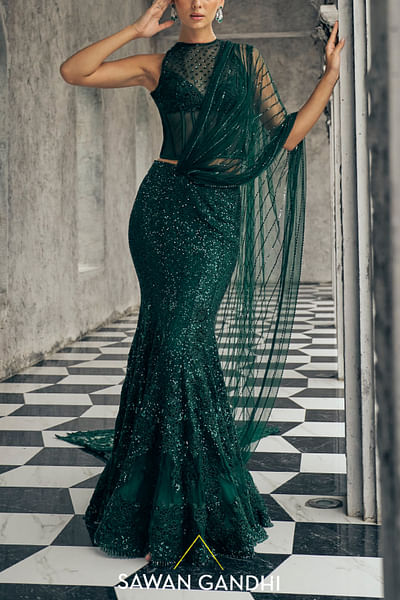 Bottle green sequin pre-draped sari set