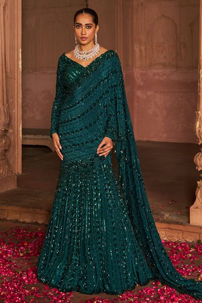 Bottle green sequinned lehenga sari set