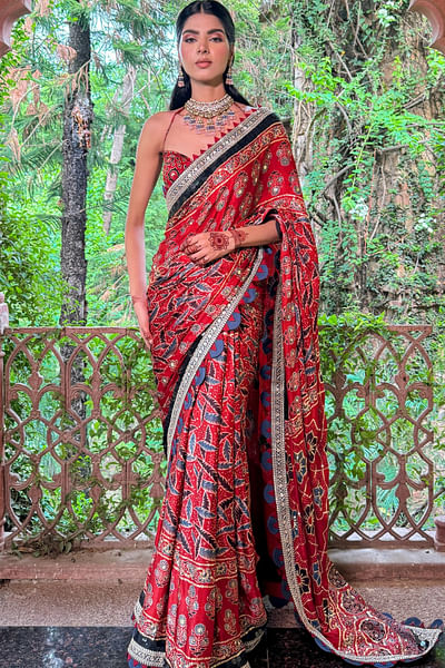 Brick red ajrakh print sari set