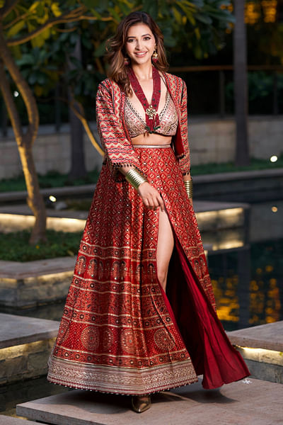 Brick red ajrakh printed lehenga set