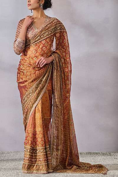 Brick red floral print sari set