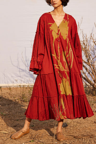 Brick red floral print tiered dress