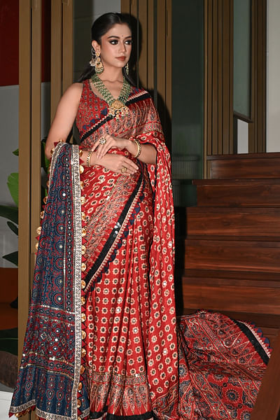 Brick red sequin embroidered sari set