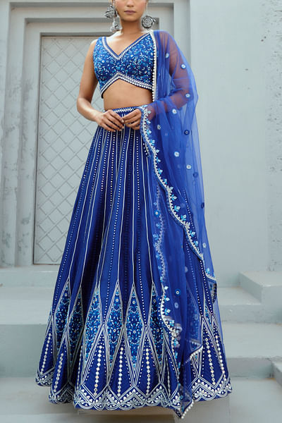 Bright blue mirror embellished lehenga set