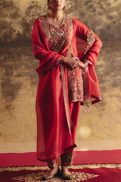 Bright red embroidered brocade kurta set