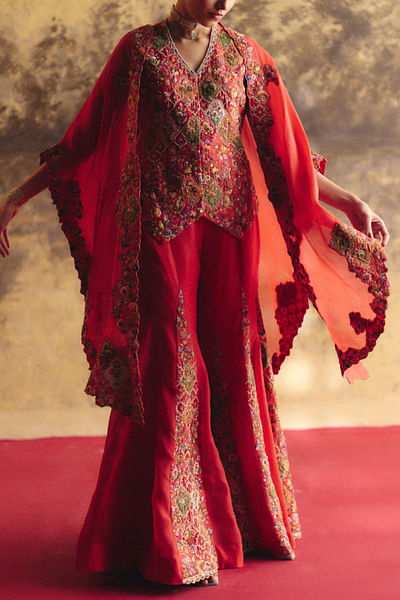 Bright red Mughal embroidered cape sharara set