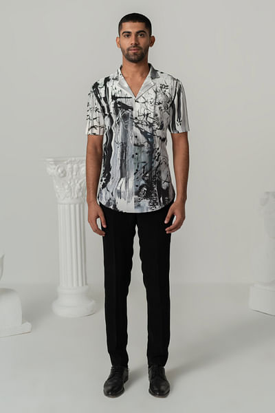 Bright white and charcoal bloom print shirt