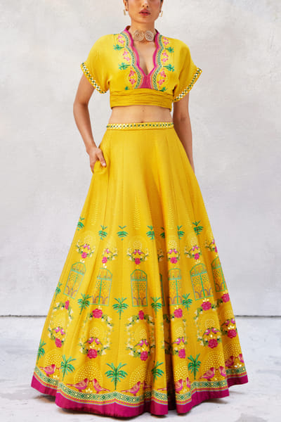 Bright yellow bird printed lehenga set