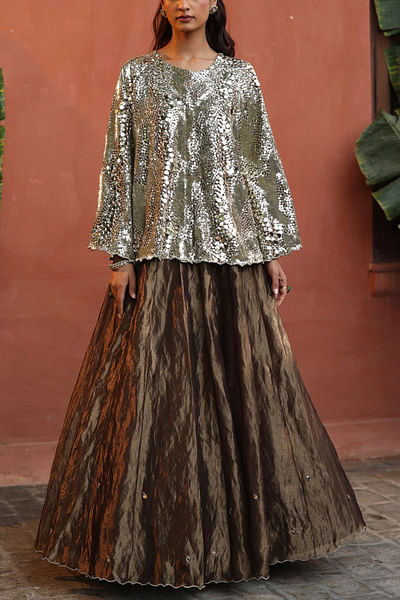 Bronze silk embroidered lehenga set
