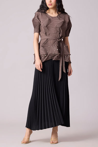 Brown 3D pleated and pearl embellished top