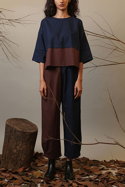 Brown and blue colour blocked pants