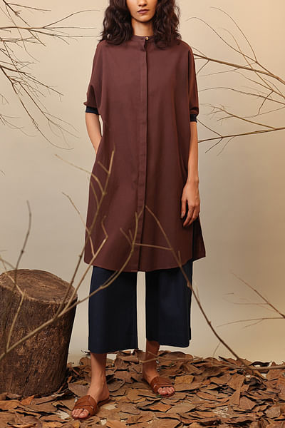 Brown and blue colour blocked shirt tunic