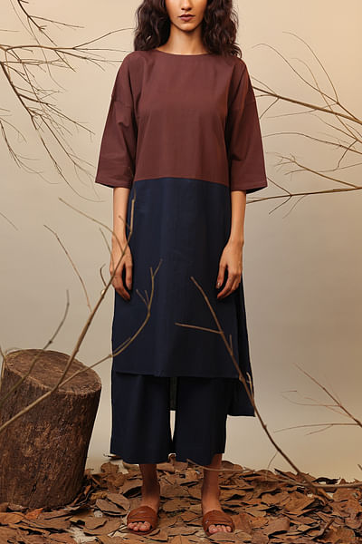Brown and blue colour blocked tunic