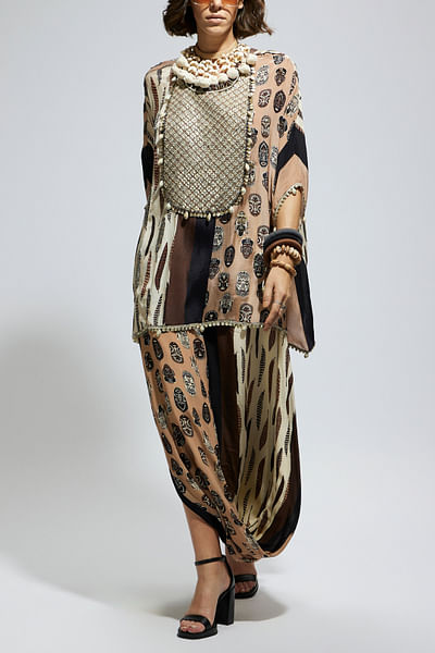 Brown and white mask printed skirt set