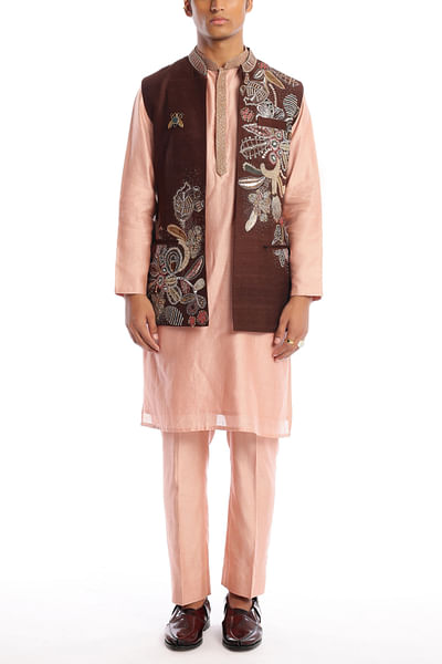 Brown appliqued bundi kurta set