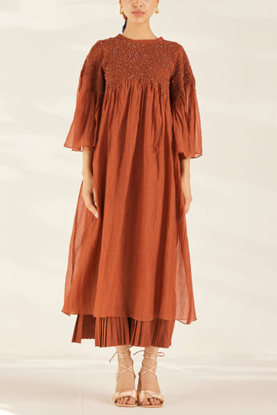 Brown bead embellished smocked dress