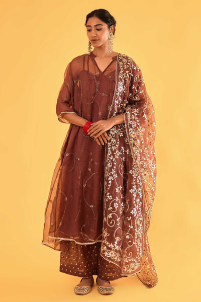Brown cutdana embroidered kurta set
