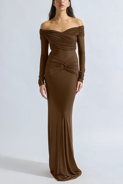 Brown draped off-shoulder gown
