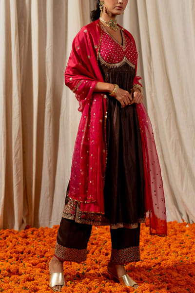 Brown embroidered bandhani anarkali set