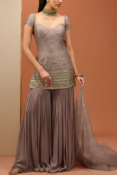 Brown embroidered corset kurta and sharara set