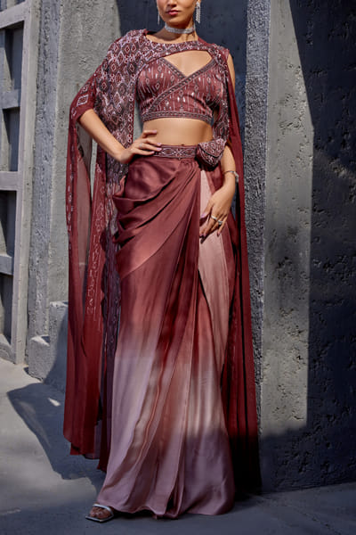 Miku Kumar Brown embroidered dhoti skirt set MKUJAN24D216