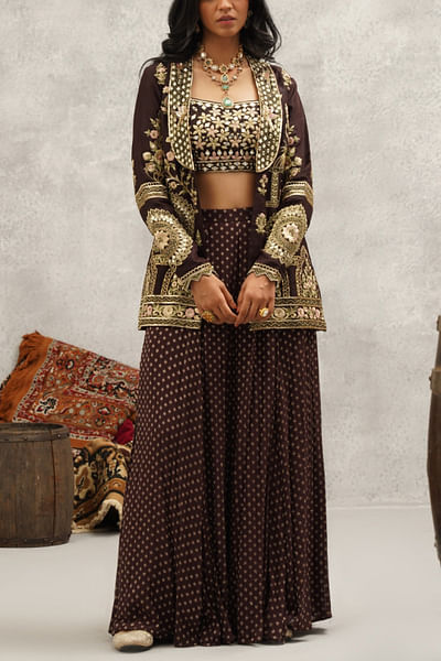 Brown embroidered jacket banarasi sharara set