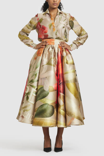 Gauri and Nainika Brown floral and leaf printed skirt GAUJAN25D14121