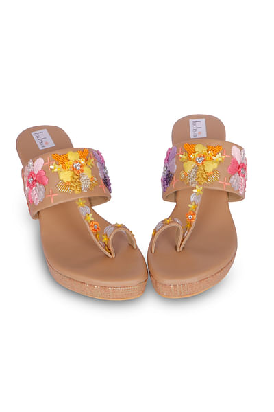Brown floral embroidered kolhapuri wedges