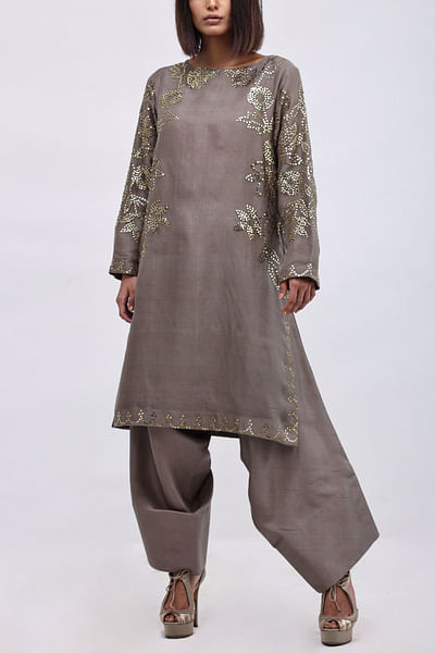 Brown floral kamdani work kurta set