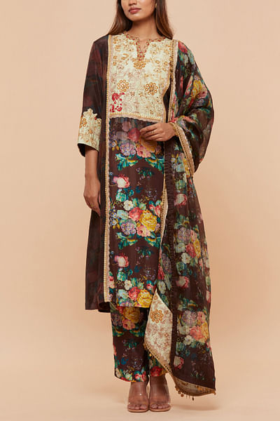 Brown floral print embroidered kurta set