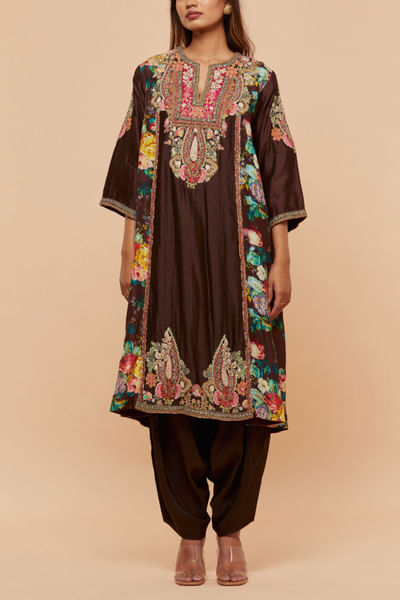 Brown floral printed embroidered kurta set