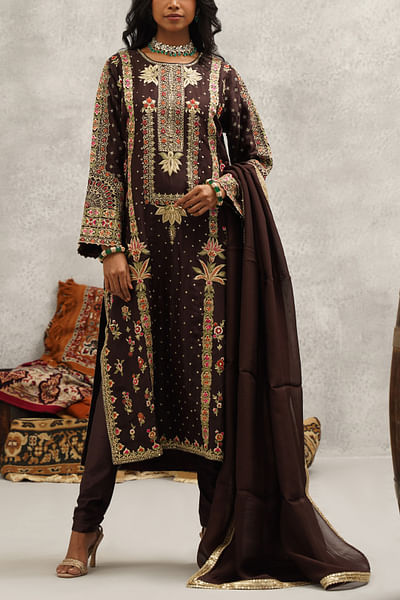 Brown floral resham embroidery kurta set