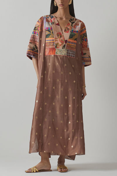 Brown floral woven patchwork kaftan kurta