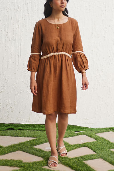 Brown gathered linen dress