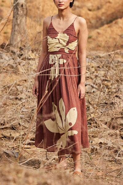 Brown gauze floral printed maxi dress