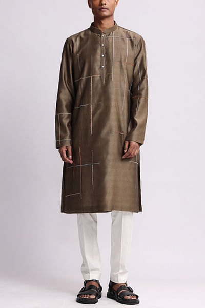 Brown geometric embroidered kurta set