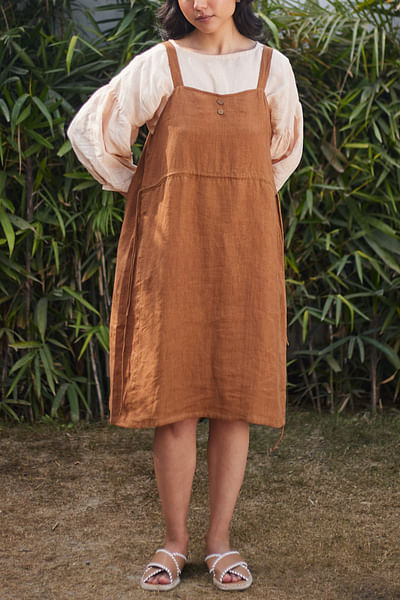 Brown linen pinafore dress
