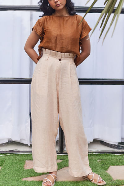 Brown linen silk crop top