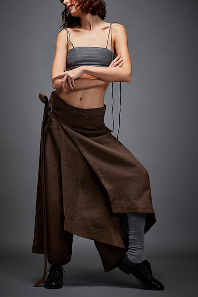 Brown overlap panel belted trousers