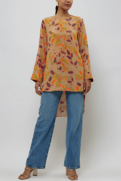 Brown pomegranate print high-low tunic