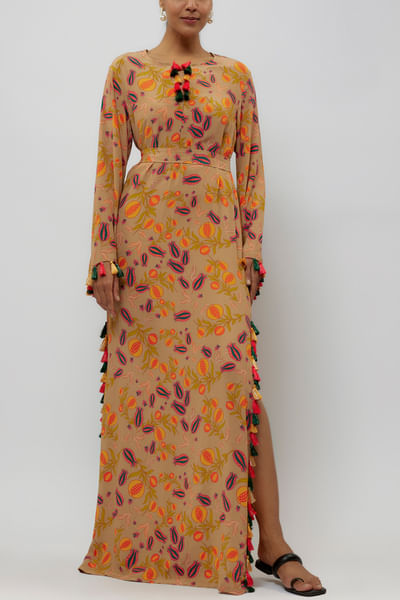 Brown pomegranate printed kaftan