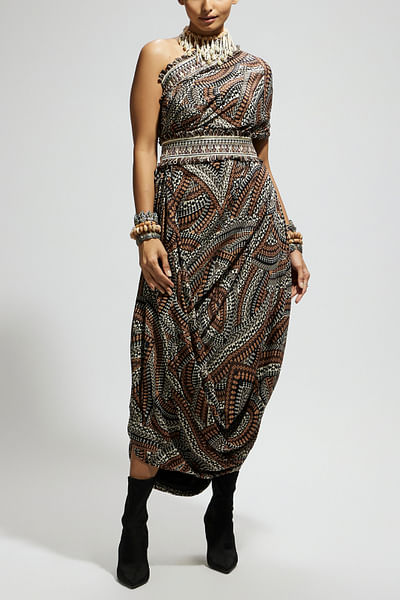 Brown printed one-shoulder dress