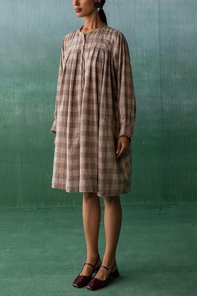 Brown upcycled kalamkari appliqued dress